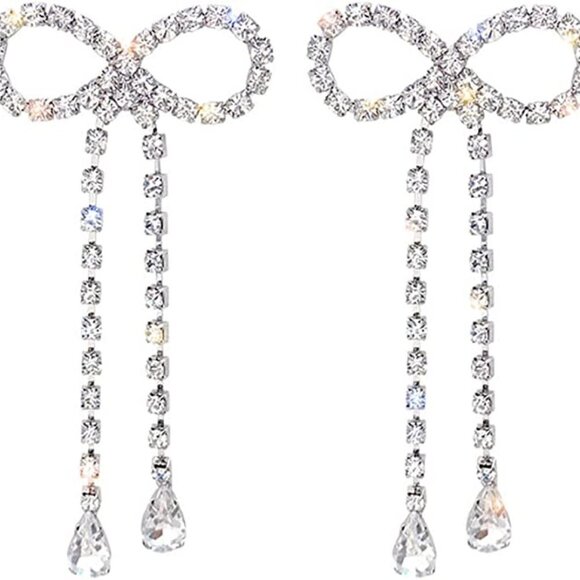 Boutique Accessories - Girls Silver Crystal Bowknot Tassels Statement Earrings Bow Shiny Bar Earrings